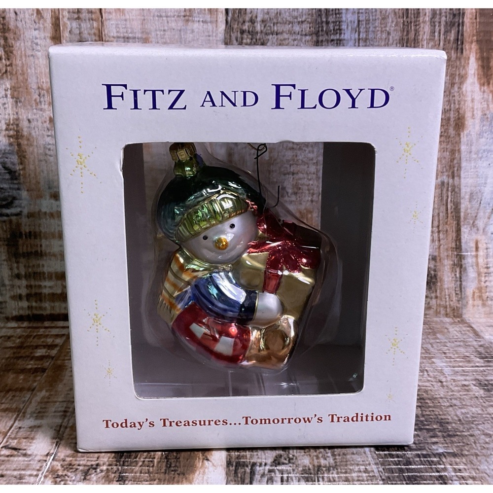 Fitz and Floyd Glass Ornament Little Snow Boy With Present Tree Decoration